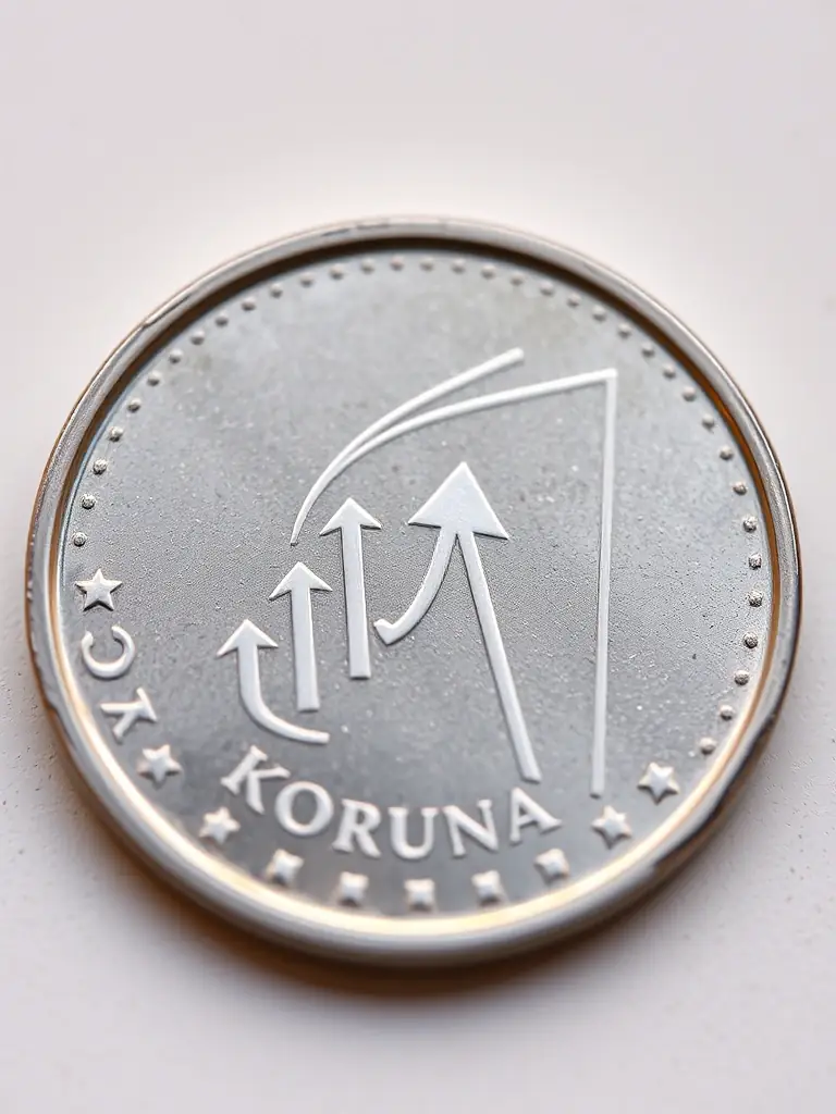 A close-up shot of a Czech koruna coin with a subtle upward arrow graphic overlaid, symbolizing the 2025 pension increase.