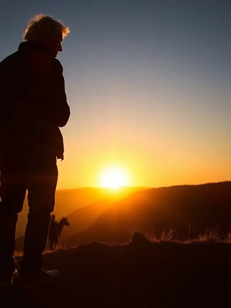 A silhouette of an elderly person looking towards a rising sun, symbolizing the future impact of the 2025 pension increase.