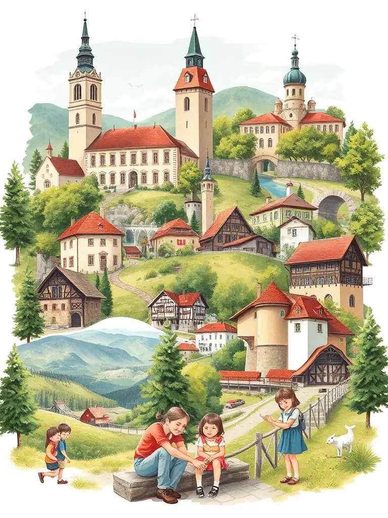 A collage of images representing different aspects of retirement in Czechia, such as traditional architecture, nature, and family gatherings.
