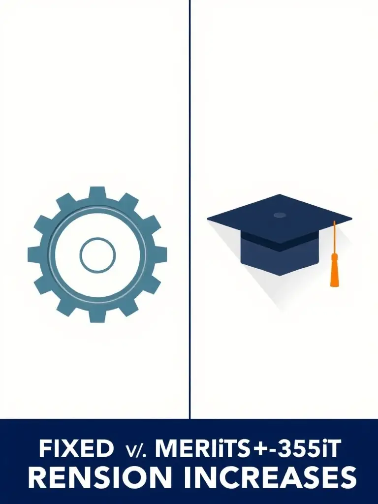 A split image showing a fixed gear on one side and a graduation cap on the other, representing fixed and merit-based pension increases.